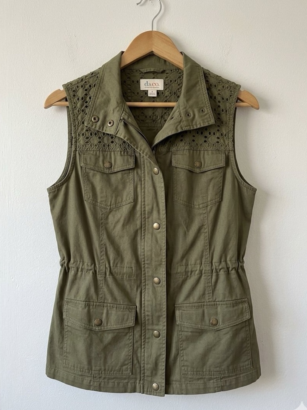 Denim & Co Olive Green Utility Cargo Vest Cutout Eyelet Lace Shoulder Sz S Small